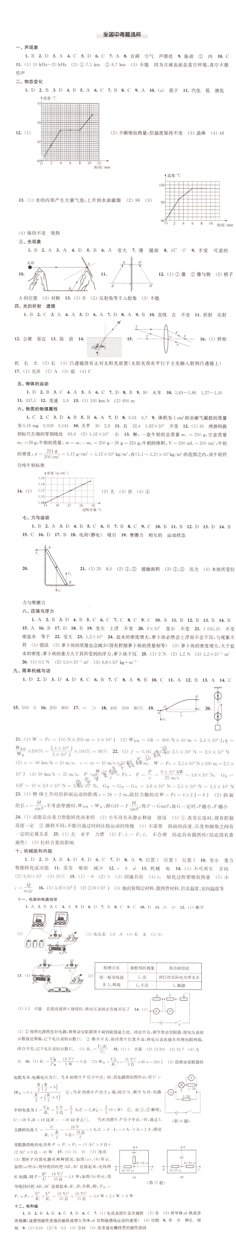 苏科版九下物理全国中考题选粹同步练习答案