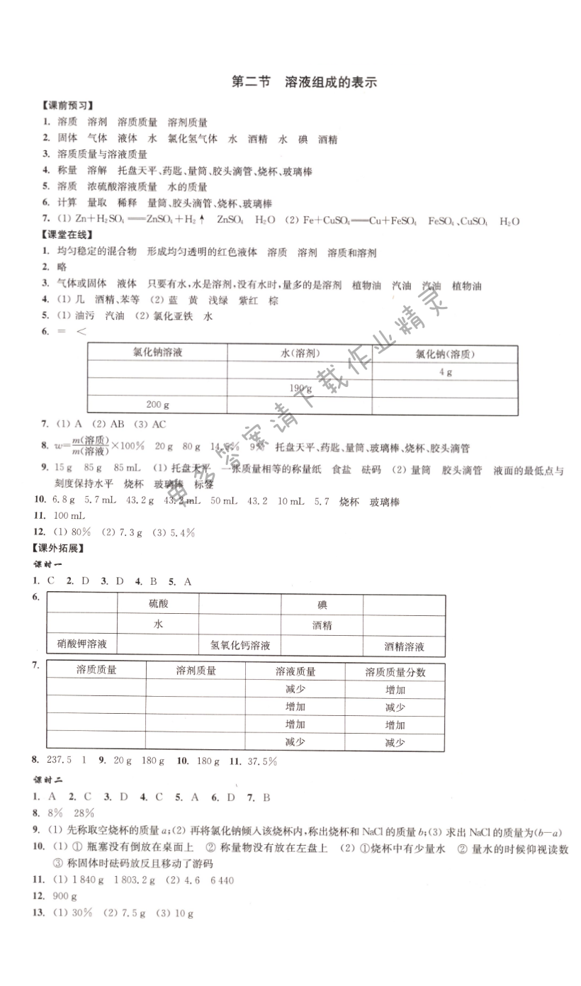 第二节溶液组成的表示同步练习答案