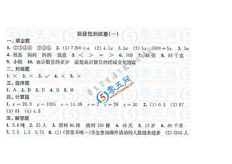 练习与测试小学数学活页卷答案（配苏教版）5年级下册阶段性测试卷（一）