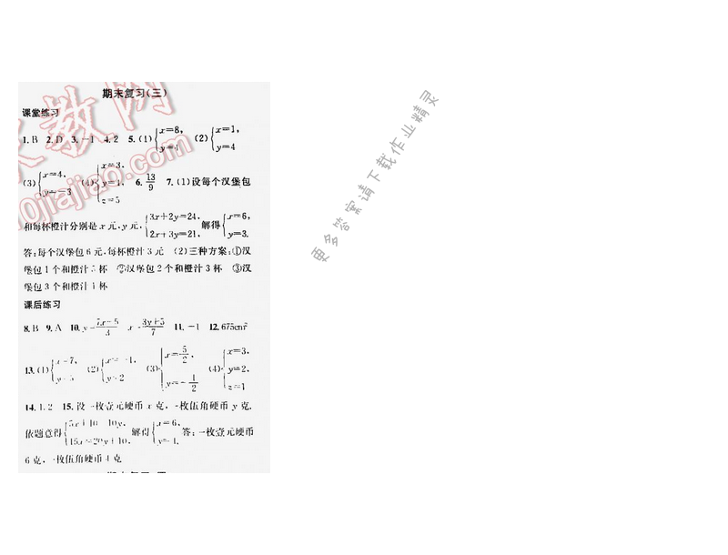 金钥匙课时学案作业本七年级数学下册江苏版期末复习（三）