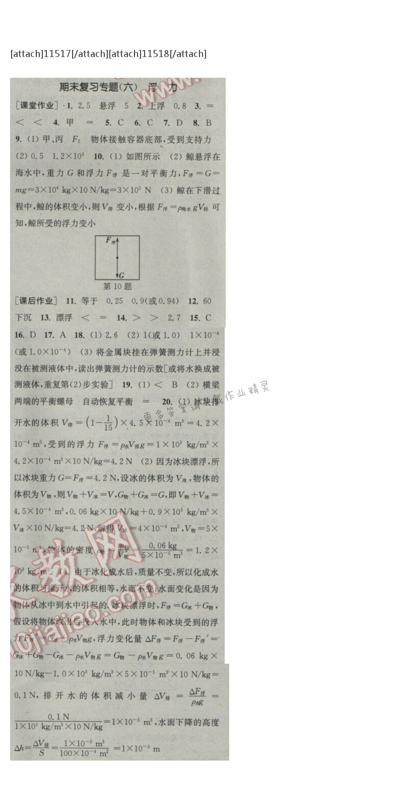 2017年苏科版通城学典课时作业本八年级物理下册 期末复习专题（六）