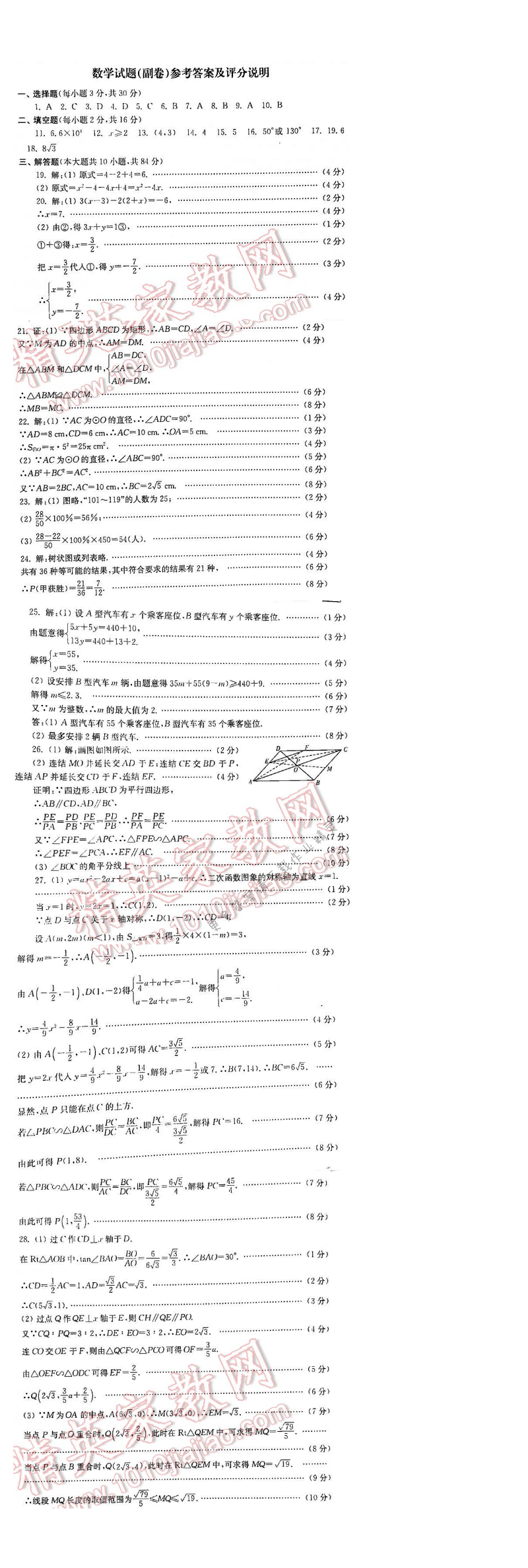 2016年初中复习与能力训练数学【江苏人民出版社】数学试题参考答案及评分说明