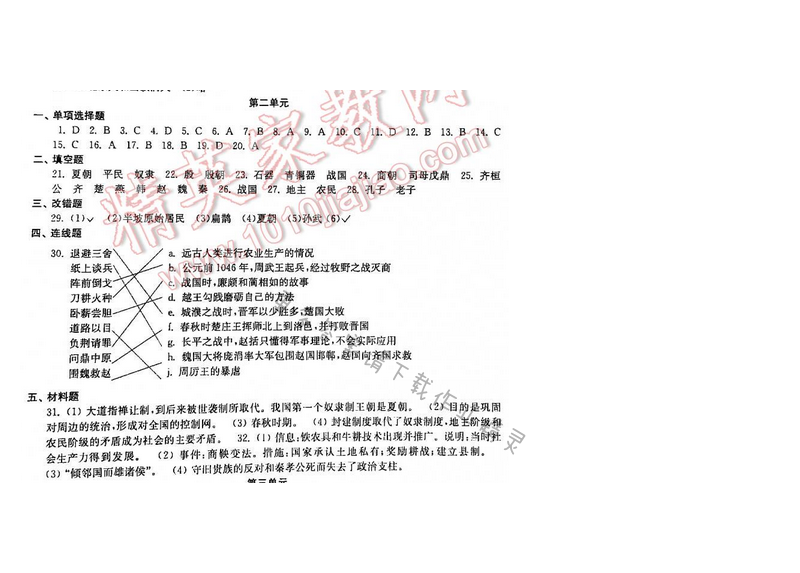 2016年初中复习与能力训练历史苏科版 七年级上册 第二单元