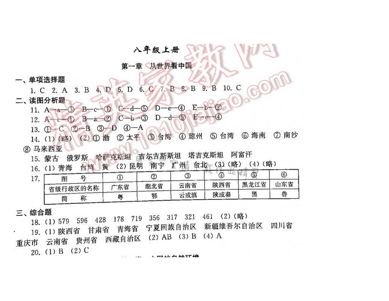 初中复习与能力训练地理苏科版八年级上册第一章