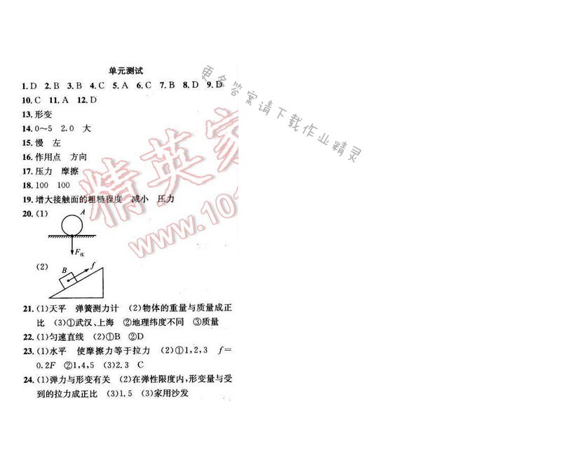 金钥匙课时学案作业本八年级物理下册 第八章 单元测试