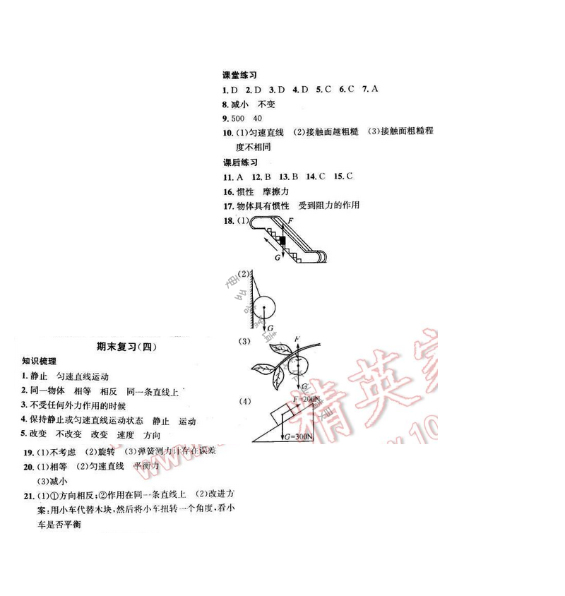 金钥匙课时学案作业本八年级物理下册 期末复习（四）