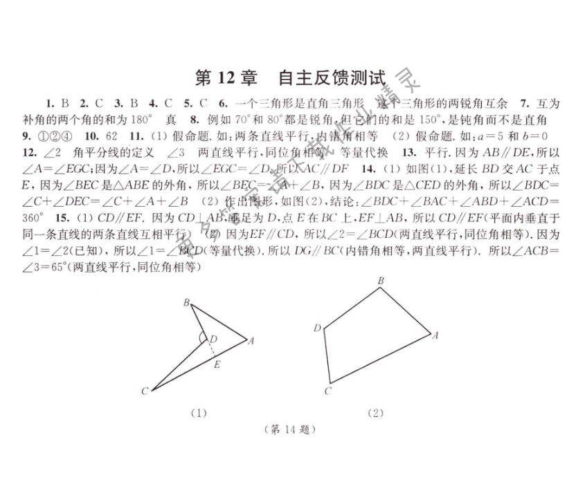 伴你学七年级数学下册苏科版 第12章 自主反馈测试