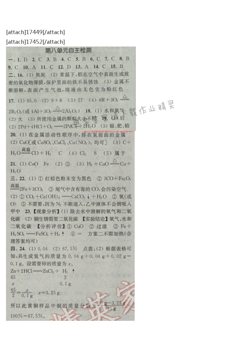 通城学典课时作业本九年级化学下册人教版 第八单元自测卷