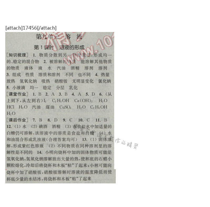 通城学典课时作业本九年级化学下册人教版 第九单元 第一课时