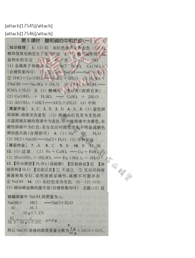 通城学典课时作业本九年级化学下册人教版 第十单元 第五课时