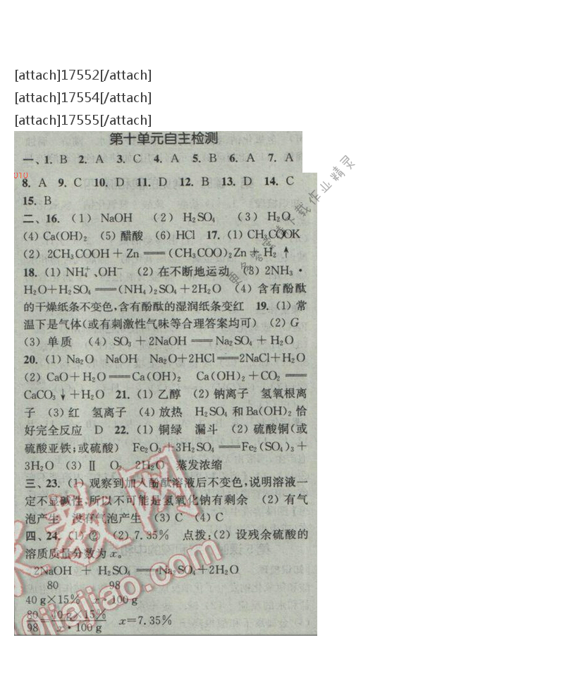 通城学典课时作业本九年级化学下册人教版 第十单元自测卷
