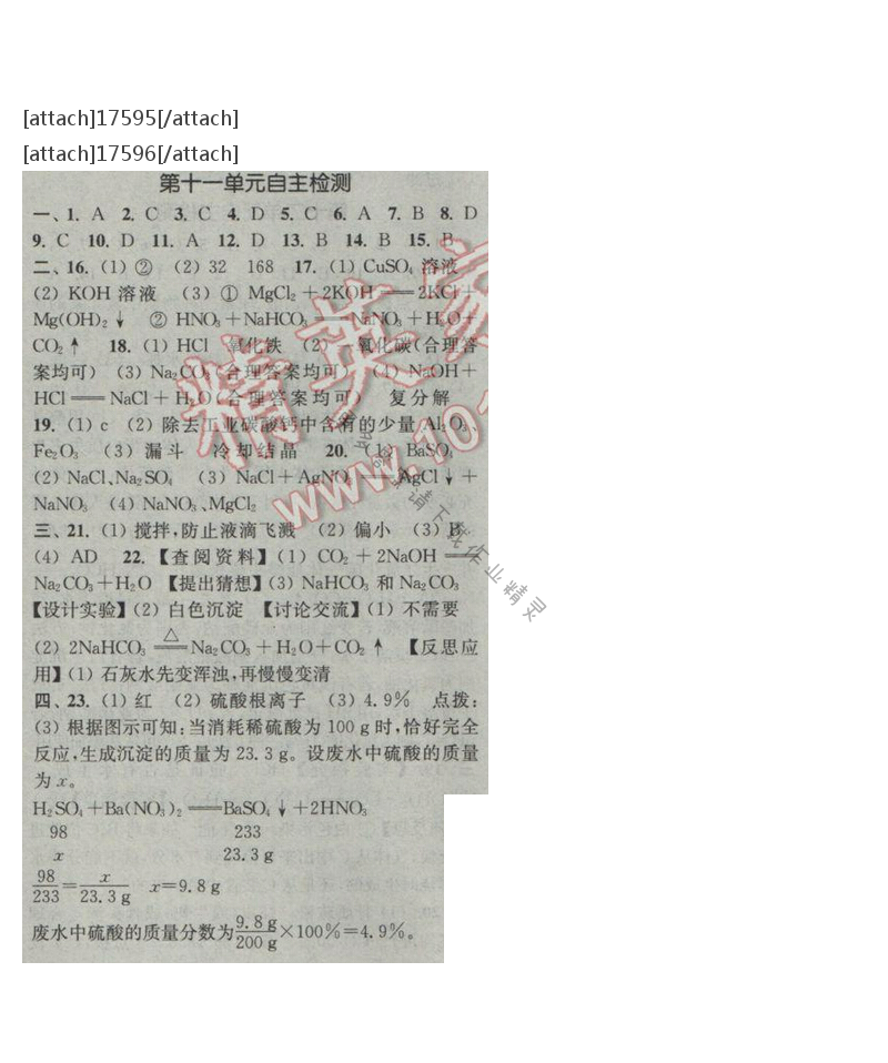 通城学典课时作业本九年级化学下册人教版 第十一单元自测卷