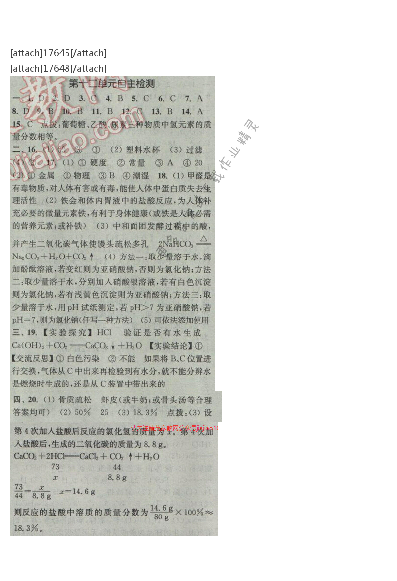 通城学典课时作业本九年级化学下册人教版 第十二单元自测卷