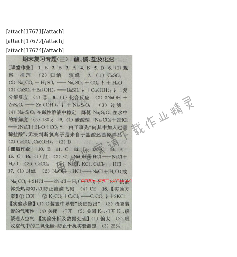 通城学典课时作业本九年级化学下册人教版 期末复习专题（三）