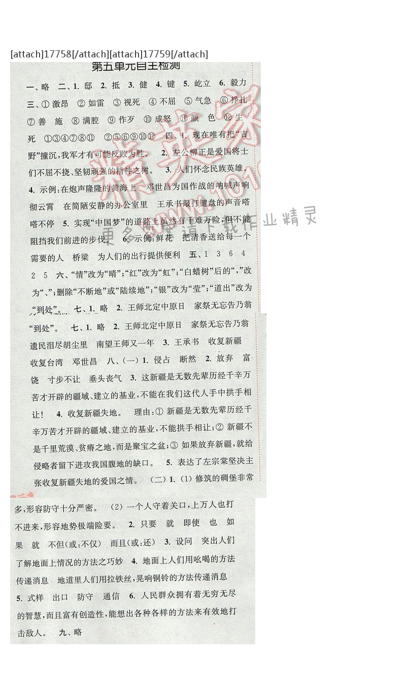 2017年通城学典五年级语文下册S版 第五单元自测卷