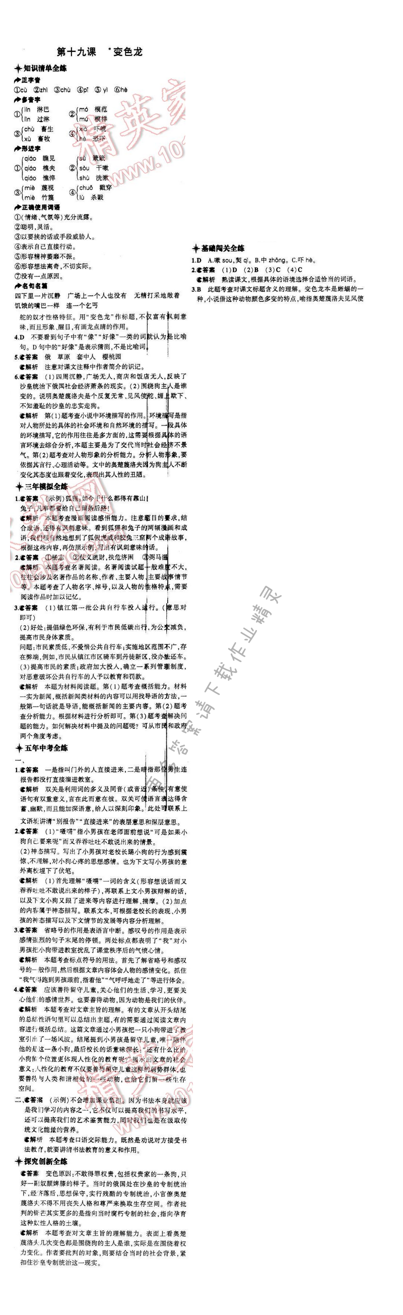 5年中考3年模拟初中语文八年级下册苏教版第四单元第十九课