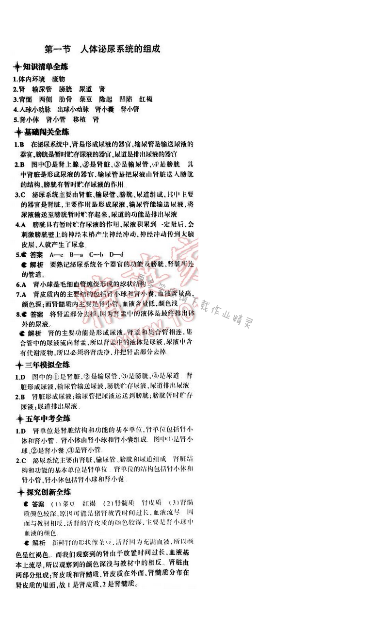 5年中考3年模拟初中生物七年级下册苏教版 第十一章 第一节