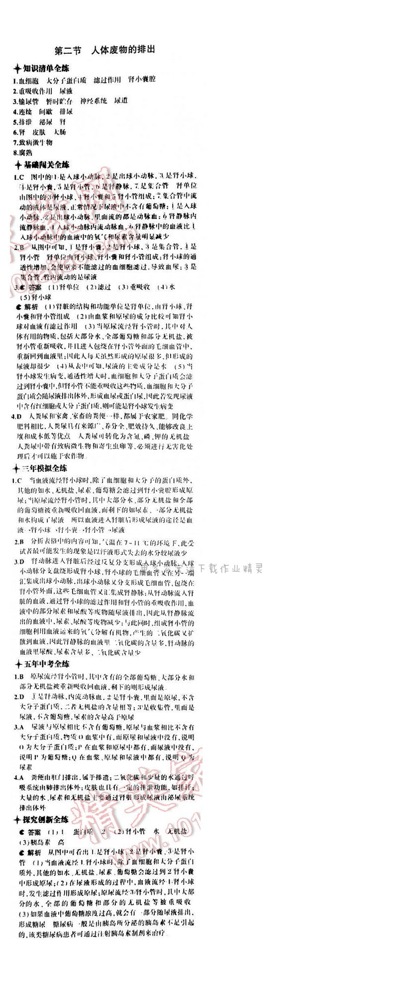 5年中考3年模拟初中生物七年级下册苏教版 第十一章 第二节