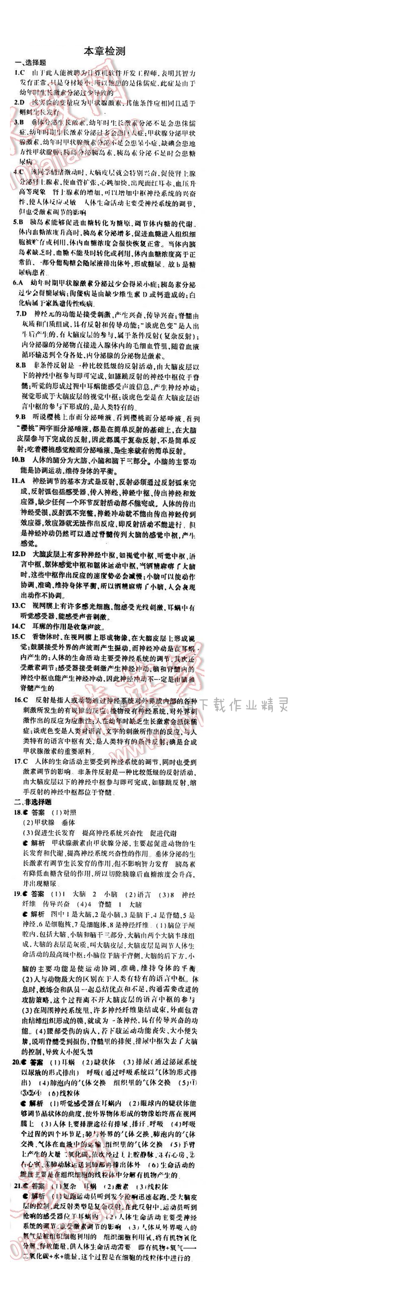 5年中考3年模拟初中生物七年级下册苏教版 第十二章 本章检测