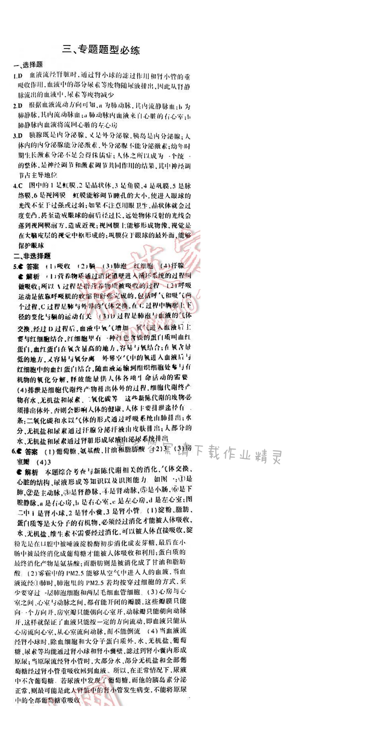 5年中考3年模拟初中生物七年级下册苏教版 期末复习专题整合 专题题型必练