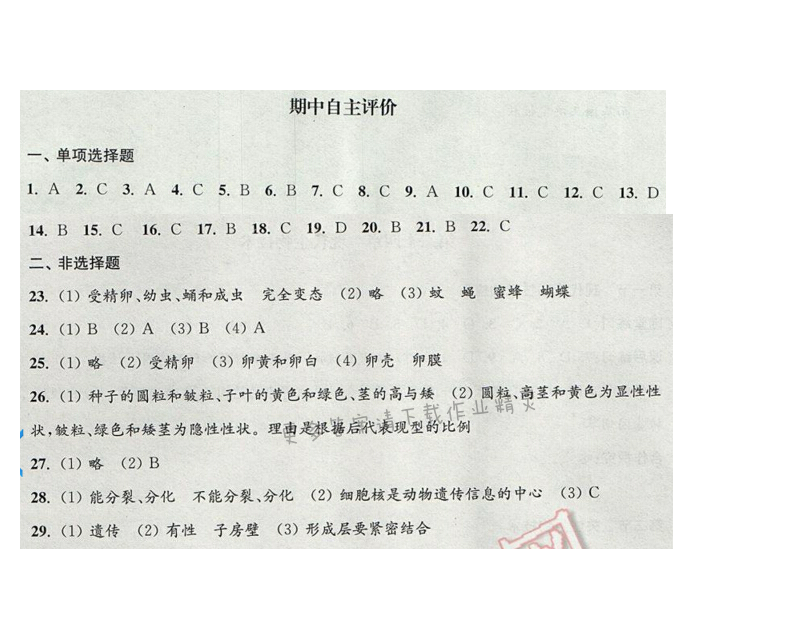 2017年学习与评价八年级生物学下册苏教版 期中自主评价