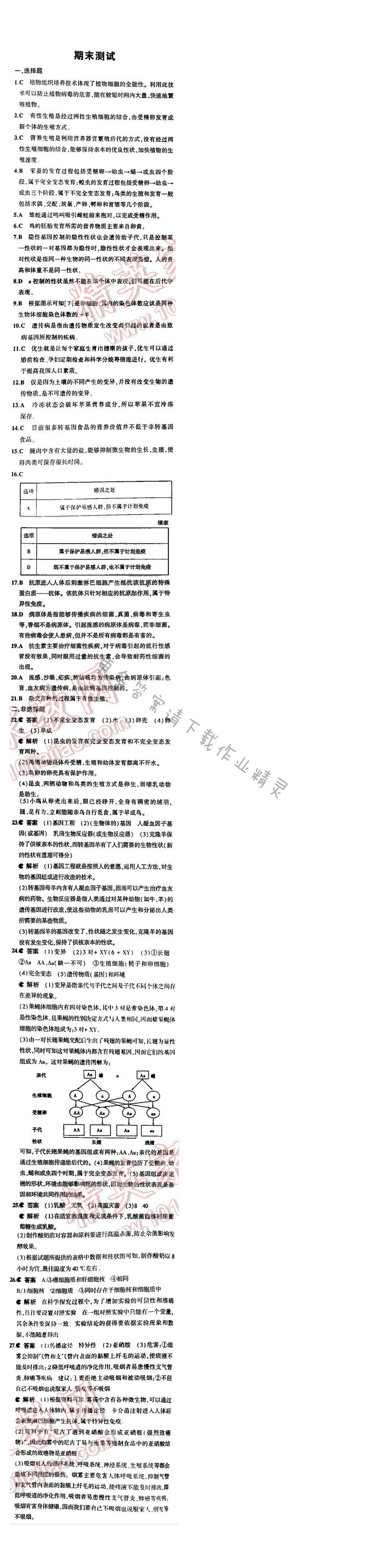 5中考3年模拟初中生物八年级下册苏教版 期末测试