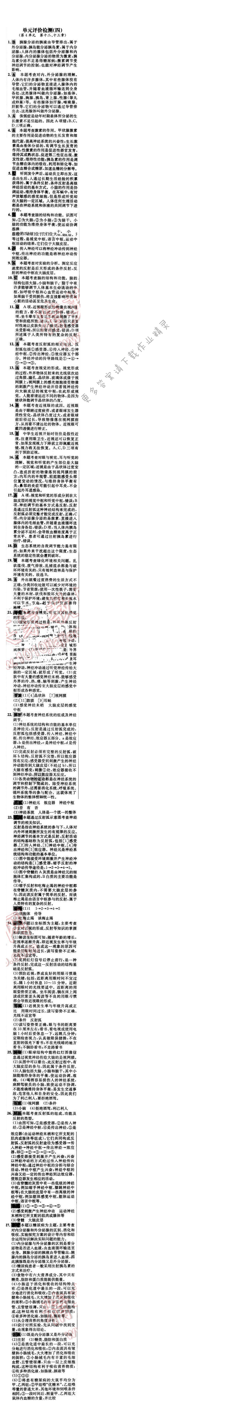 世纪金榜金榜学案七年级生物下册苏教版 阶段检测卷 单元评价检测（四）