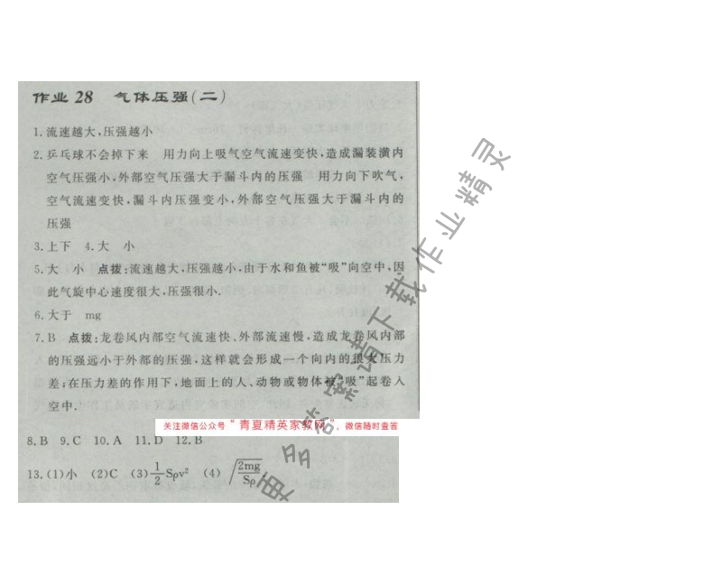 启东中学作业本八年级物理下册江苏版第十章作业二十八