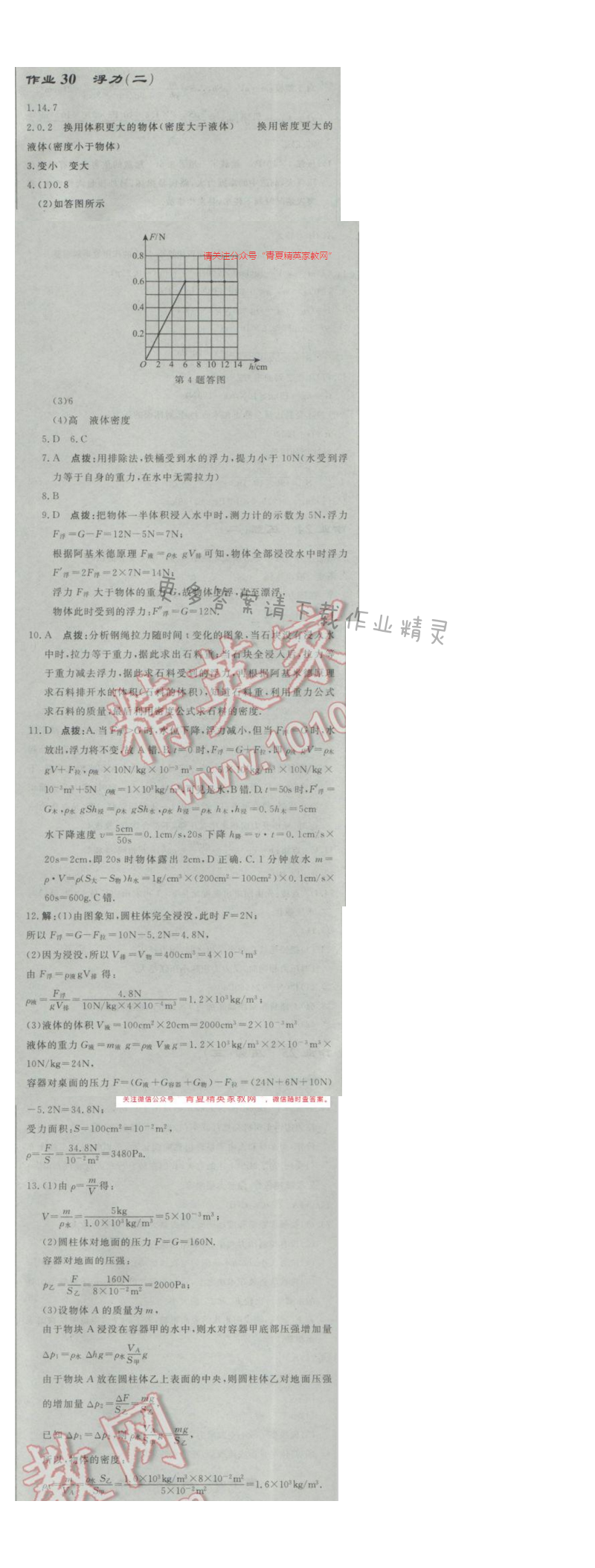 启东中学作业本八年级物理下册江苏版第十章作业三十