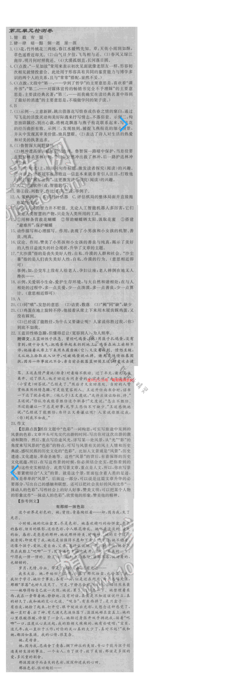 启东中学作业本八年级语文下册江苏版 第三单元检测卷