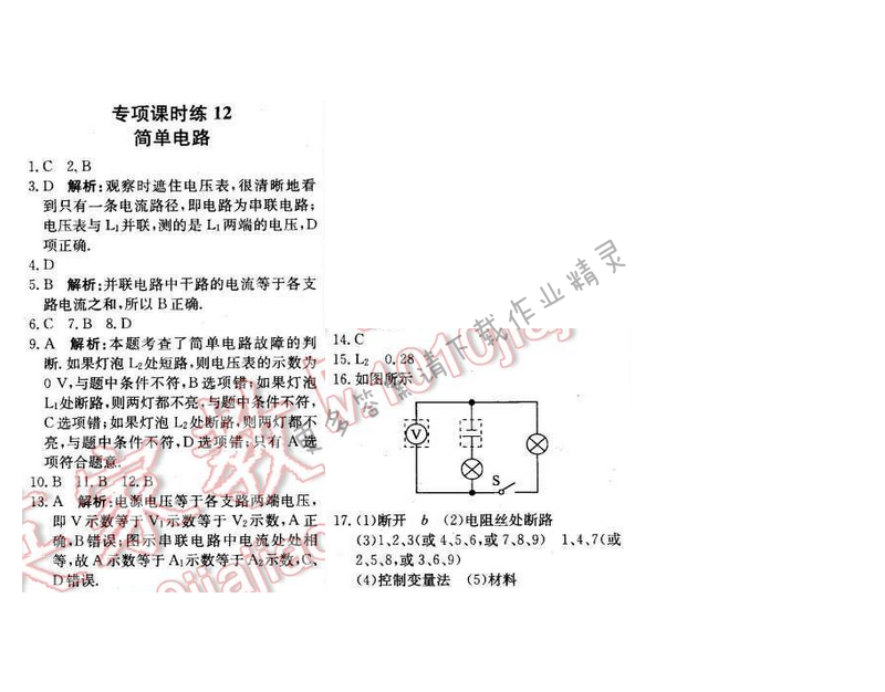 2016年轻巧夺冠周测月考直通中考九年级物理下册苏科版 专项课时练 12