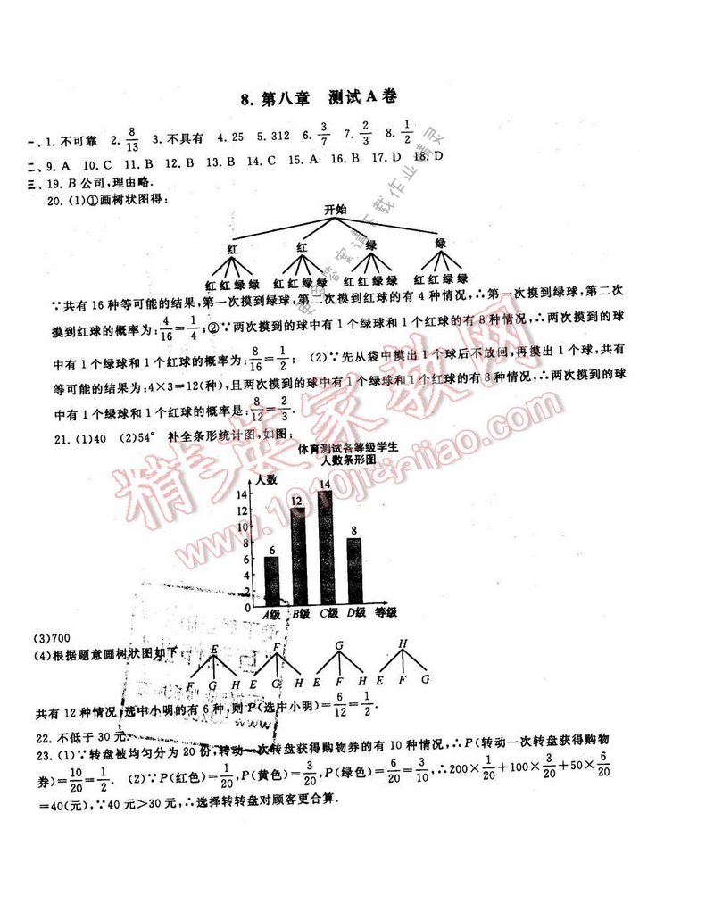 2016年启东黄冈大试卷九年级数学下册苏科版 第八章 测试A卷