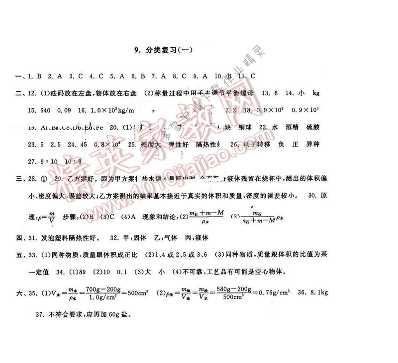 启东黄冈大试卷八年级物理下册江苏版 分类复习（一）