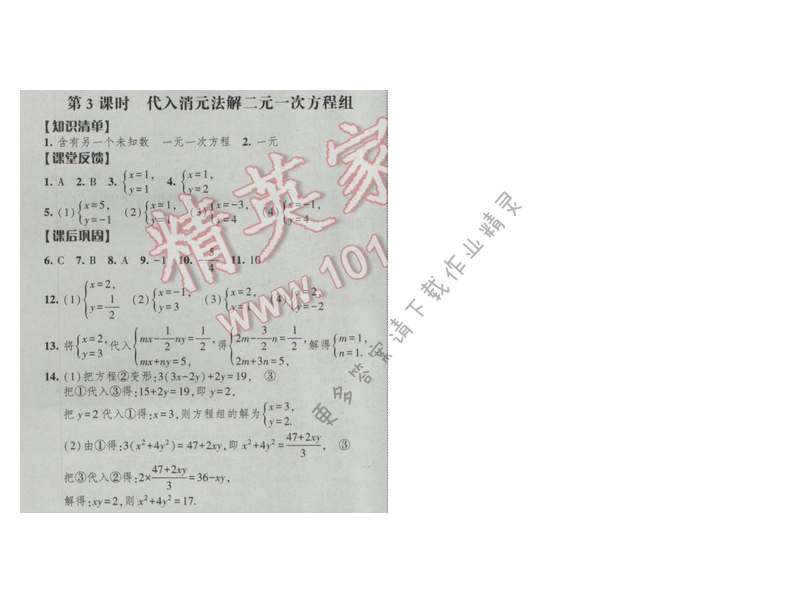 經綸學典新課時作業(yè)七年級數(shù)學下冊江蘇版第十章 第3課時 代入消元法解二元一...