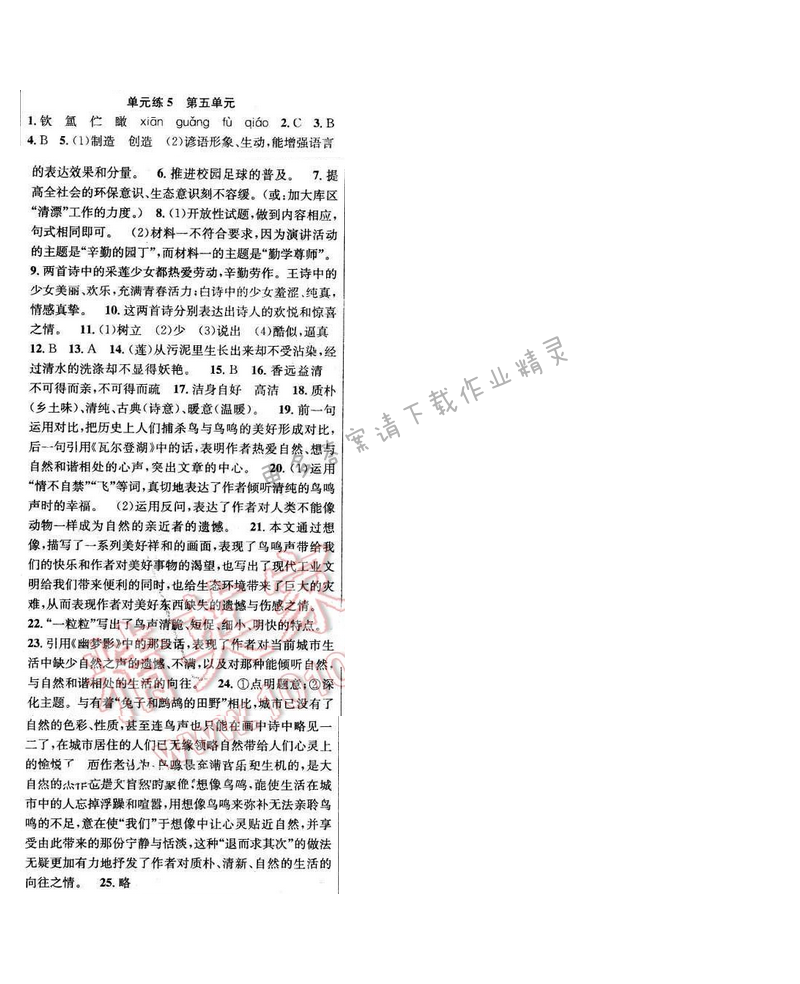 2016年提优训练非常阶段123七年级语文下册江苏版 单元练5
