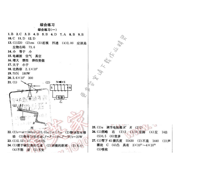 2016年提优训练非常阶段123九年级物理下册江苏版 综合练习（一）