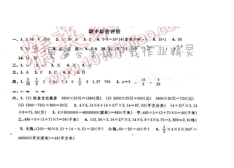 2016年优学有道绿色互动空间六年级数学下册江苏版 期中综合评价