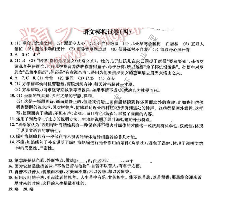 2016年优学有道绿色互动空间九年级语文下册 语文模拟试卷（四）