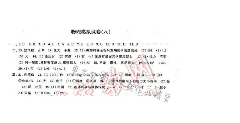 2016年优学有道绿色互动空间九年级物理下册江苏版 物理模拟试卷（八）