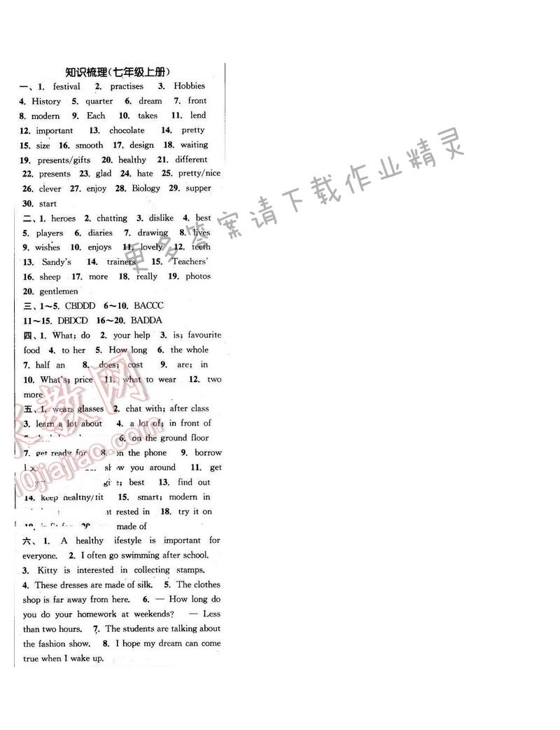 2016年通城学典小题精练九年级英语下册译林版 知识梳理（七年级上册）
