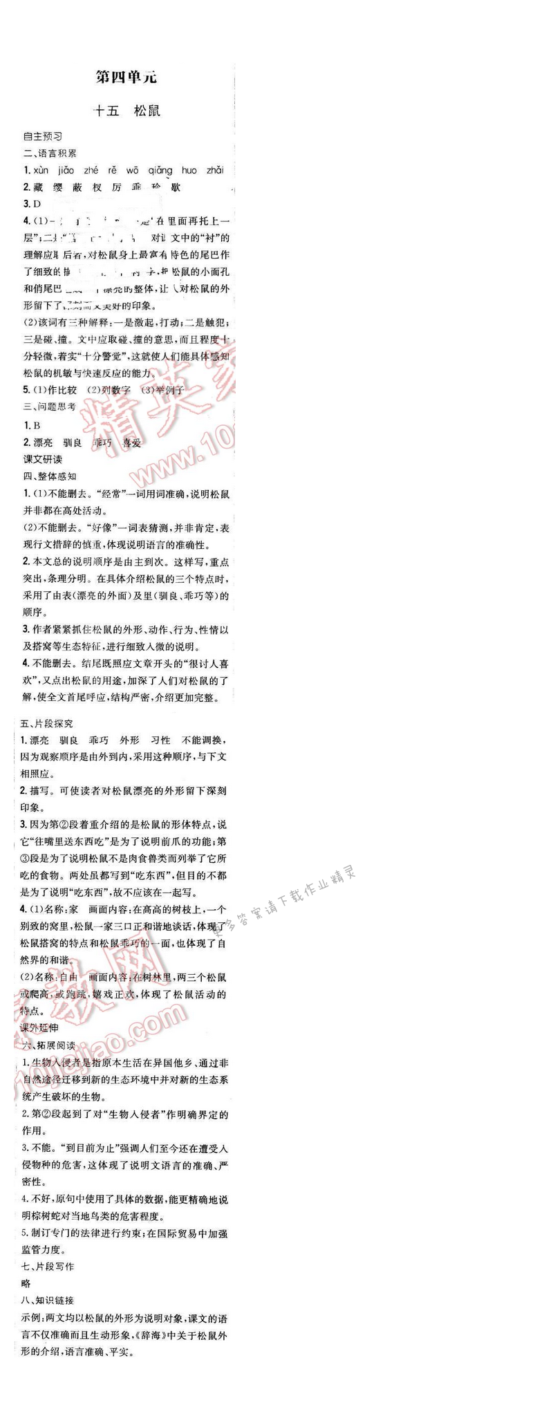 2016年新编基础训练七年级语文下册苏教版 第十五课
