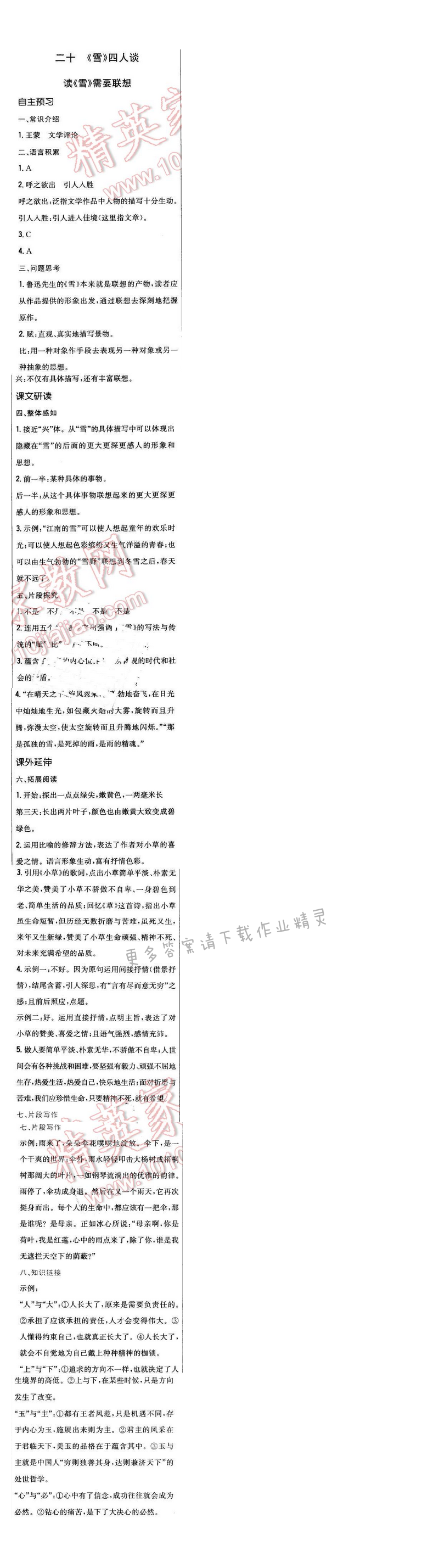 2016年新编基础训练九年级语文下册苏教版 第五单元 二十 读《雪》需要联想