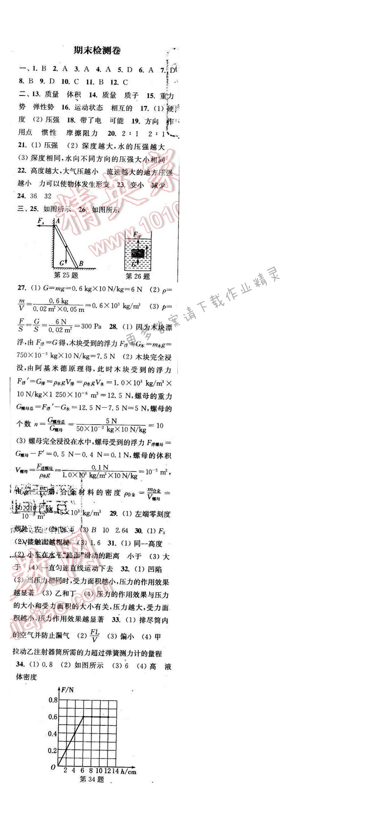 2016年通城学典小题精练八年级物理下册苏科版 期末检测卷