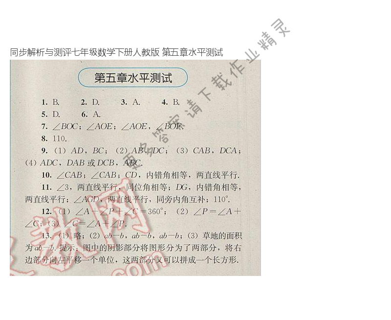 同步解析与测评七年级数学下册人教版 第五章水平测试