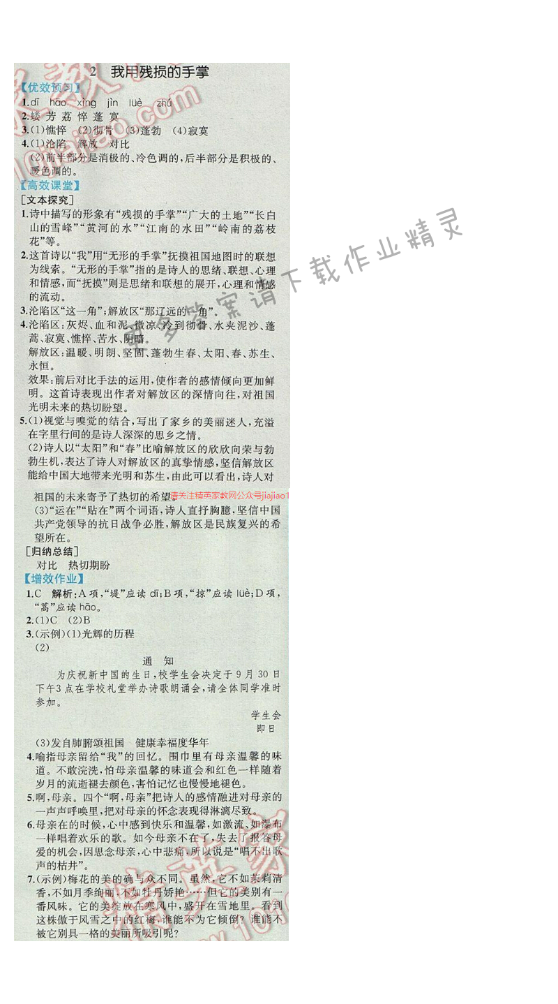 同步解析与测评九年级语文下册人教版 2.我用残损的手掌