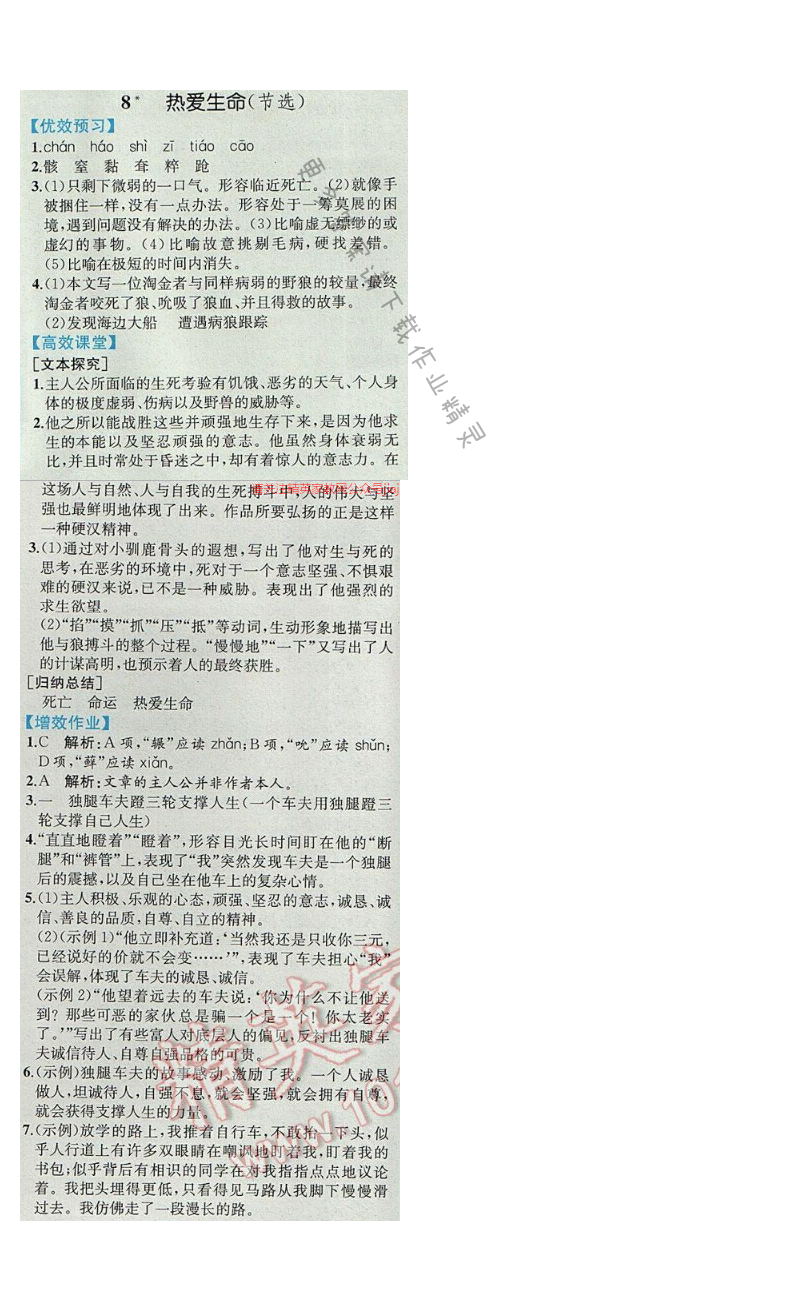 同步解析与测评九年级语文下册人教版 8.热爱生命（节选）