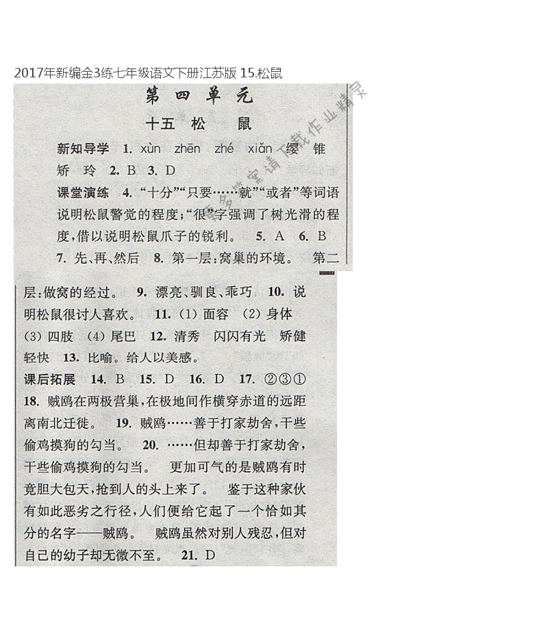 2017年新编金3练七年级语文下册江苏版 15.松鼠