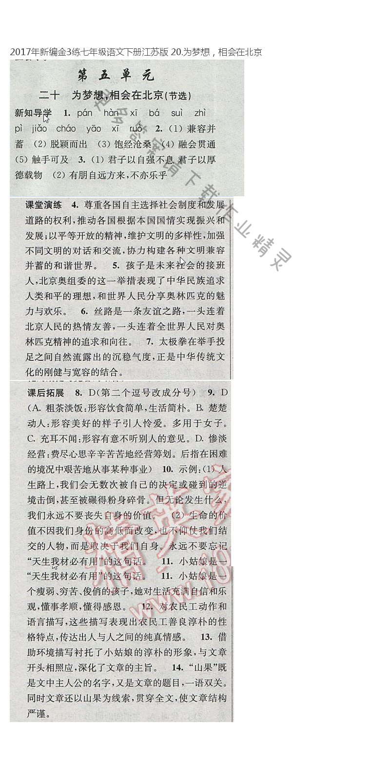 2017年新编金3练七年级语文下册江苏版 20.为梦想，相会在北京