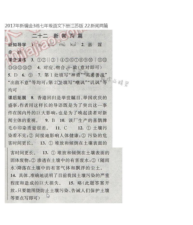 2017年新编金3练七年级语文下册江苏版 22.新闻两篇