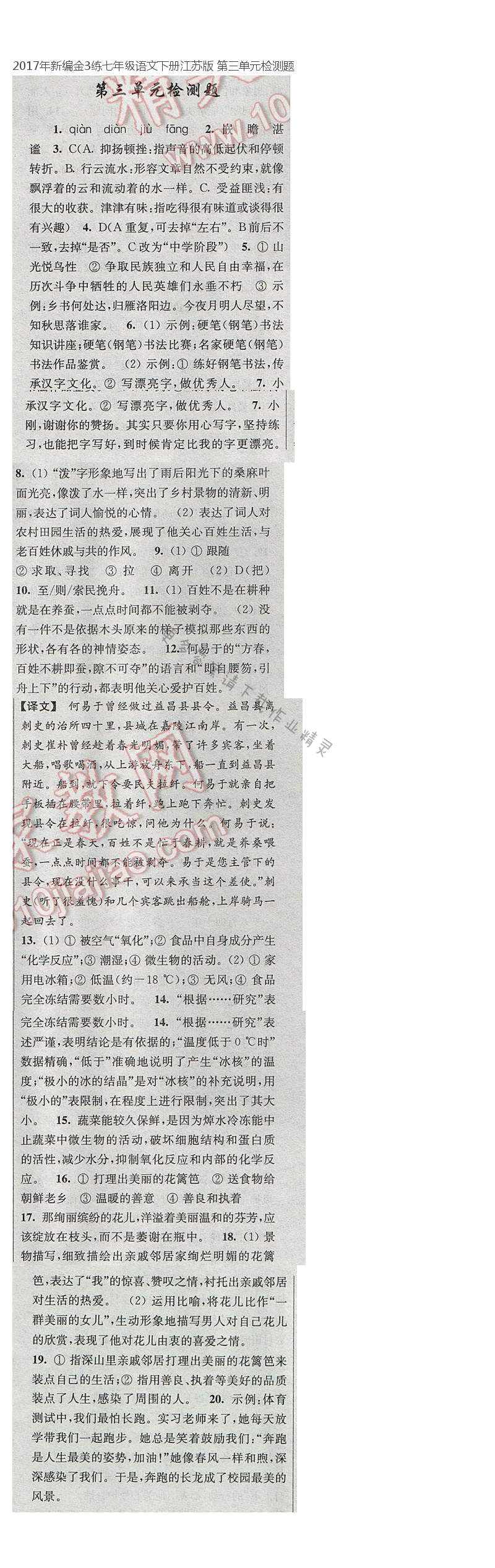 2017年新编金3练七年级语文下册江苏版 第三单元检测题